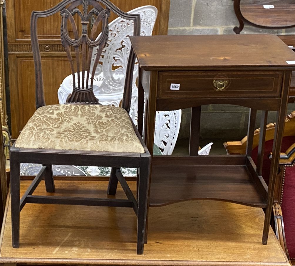 An Edwardian inlaid mahogany desk, width 58cm, depth 37cm, height 77cm together with a Hepplewhite mahogany dining chair and a cheval m